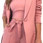 3 Piece Blazer Sets for Women Open Front Button Blazer + Crop Tops + Shorts Bottoms with Belt Business Suit Sets