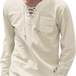 COOFANDY Mens Cotton Linen Shirts Lace Up Casual Beach Hippie Tee Shirts V Neck