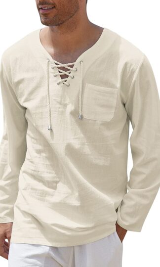 COOFANDY Mens Cotton Linen Shirts Lace Up Casual Beach Hippie Tee Shirts V Neck