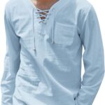 COOFANDY Mens Cotton Linen Shirts Lace Up Casual Beach Hippie Tee Shirts V Neck