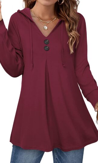 Lotusmile Women's Long Sleeve Hooded Tunic Tops Button Swing Pullover Hoodie Sweatshirts