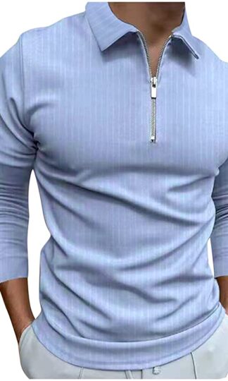 XXBR Zipper Polo Shirts for Mens, Fall Striped Slim Fit Long Sleeve T Shirt Zip Neck Business Casual Tops for Work Wear